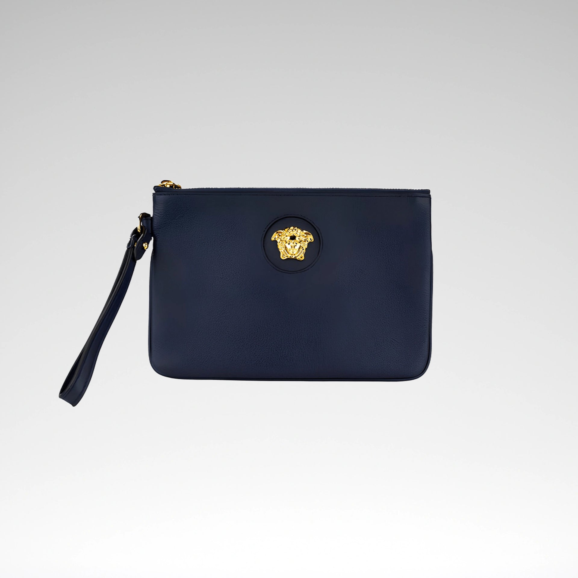 VERSACE ネイビーパーティーバッグ Versace Navy Pebbled Leather Wristlet – Drexior