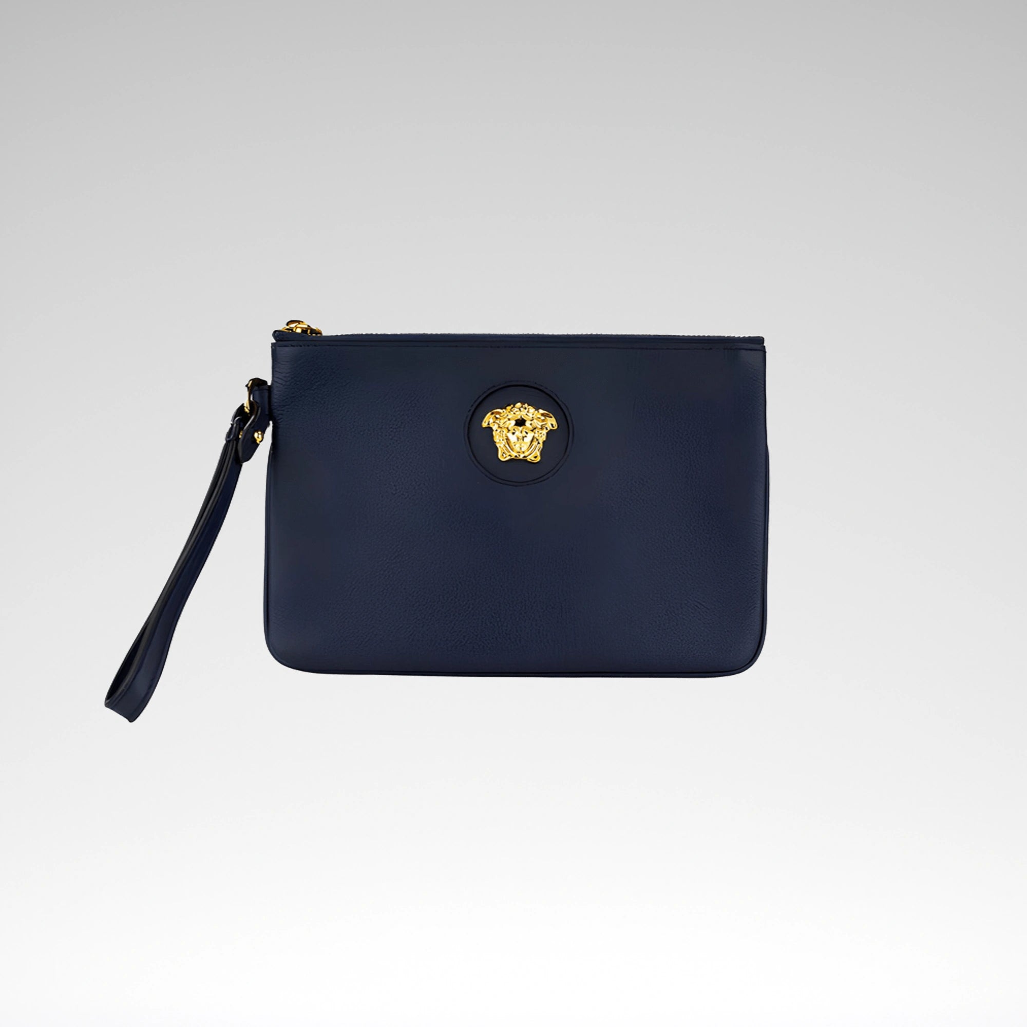 Versace Navy Pebbled Leather Wristlet