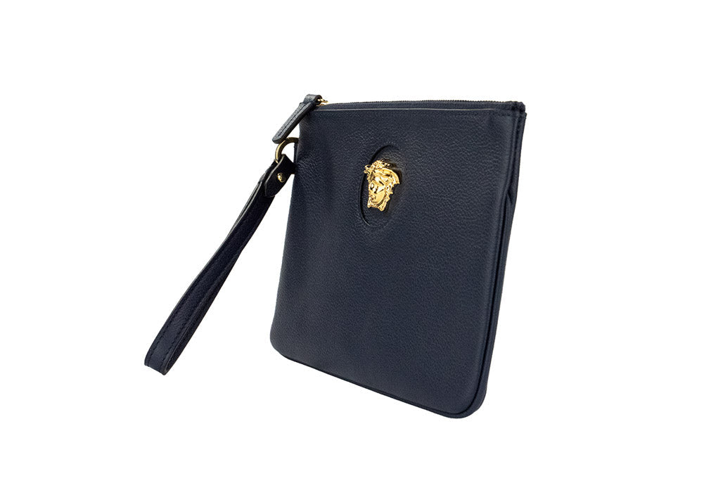 Versace Navy Pebbled Leather Wristlet – Drexior