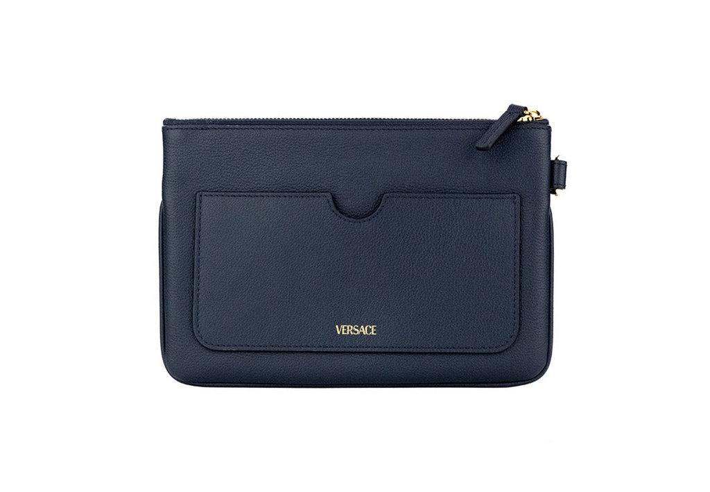 Versace Navy Pebbled Leather Wristlet