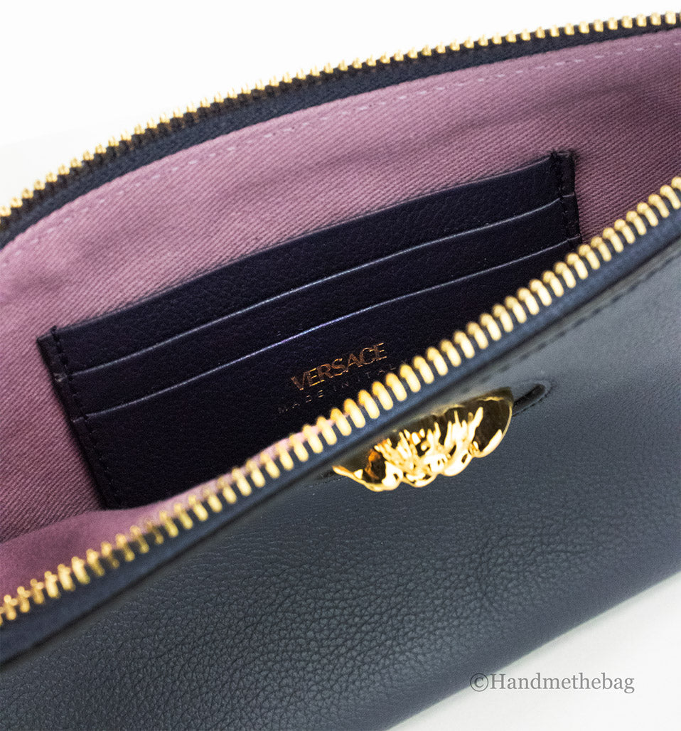 Versace Navy Pebbled Leather Wristlet – Drexior